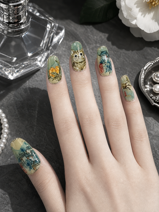 Ink-Wash Feline Reverie | LUMlix Haute Nail