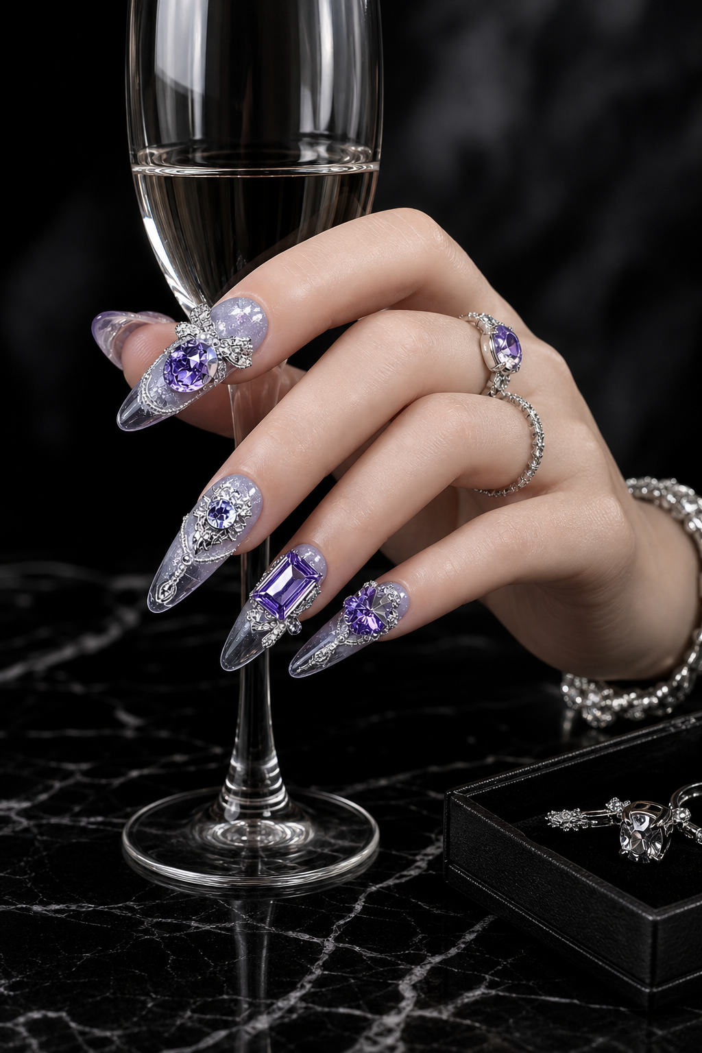 Amethyst Noir & Sterling Lace | LUMlix Haute Nail