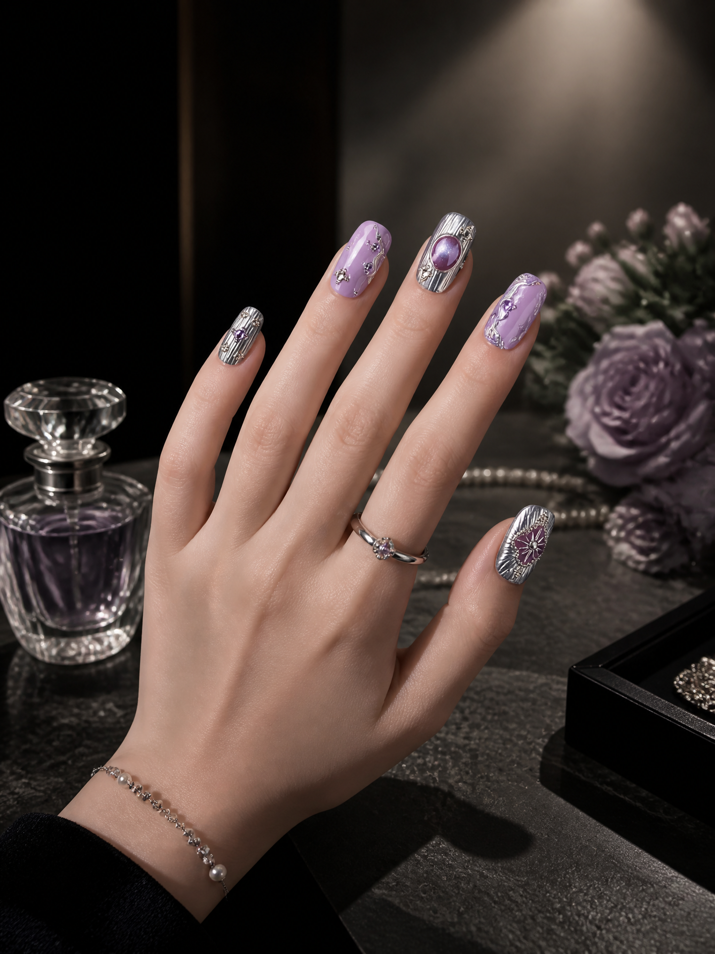Amethyst’s Silvered Hymn | LUMlix Haute Nail