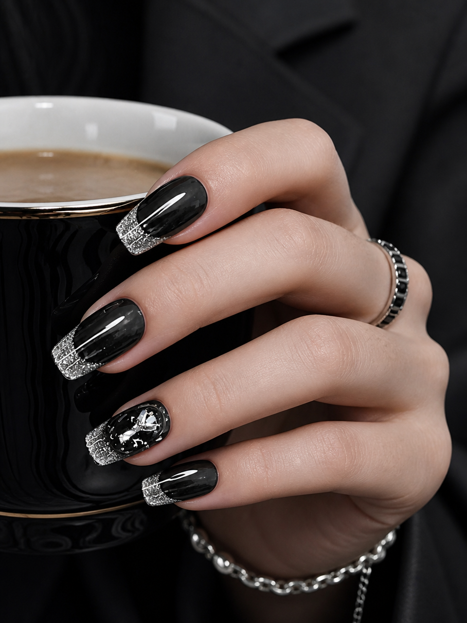 Obsidian Noir & Silver Cascade | LUMlix Haute Nail