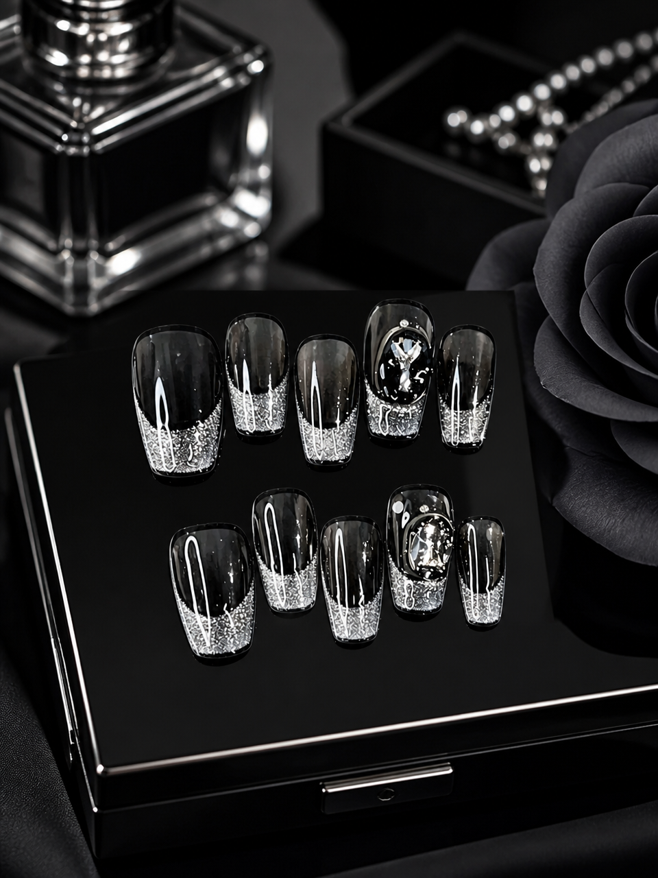 Obsidian Noir & Silver Cascade | LUMlix Haute Nail