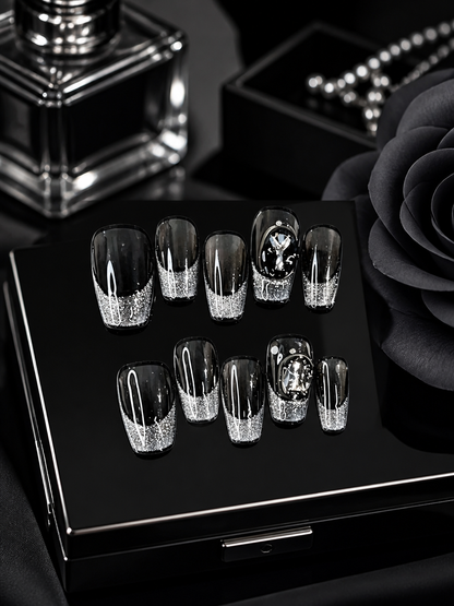 Obsidian Noir & Silver Cascade | LUMlix Haute Nail
