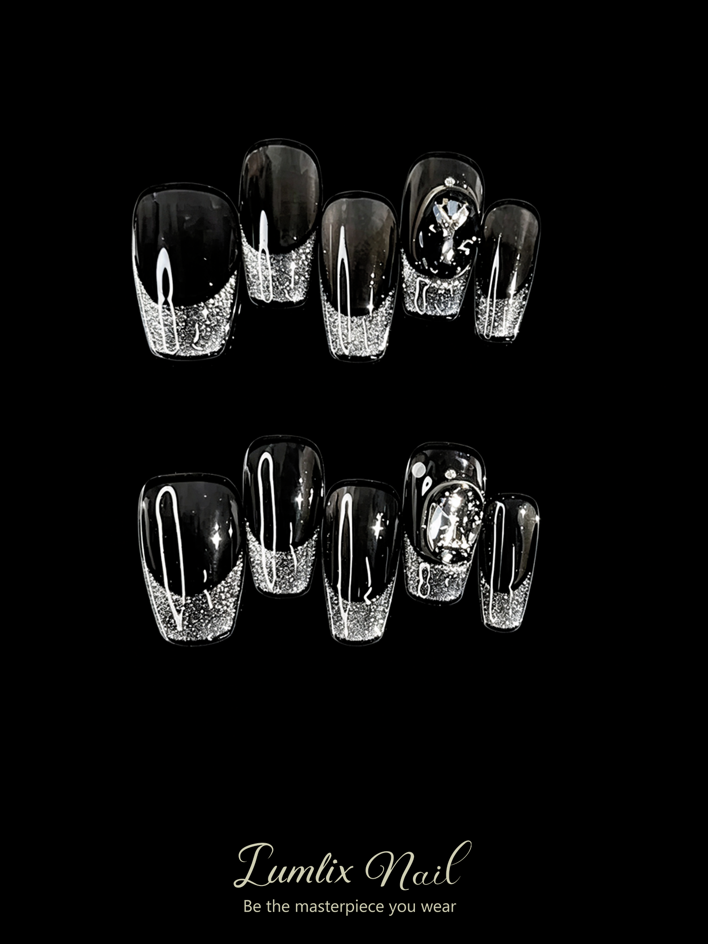 Obsidian Noir & Silver Cascade | LUMlix Haute Nail