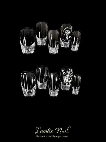 Obsidian Noir & Silver Cascade | LUMlix Haute Nail