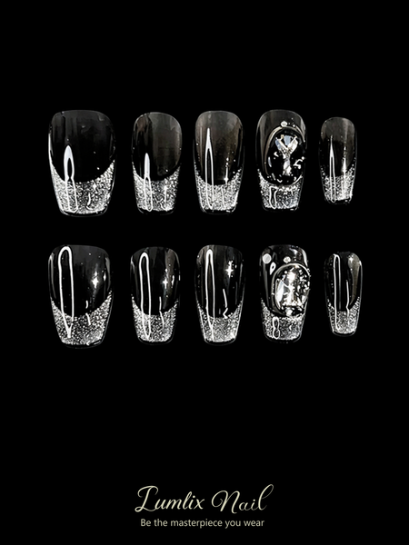 Obsidian Noir & Silver Cascade | LUMlix Haute Nail