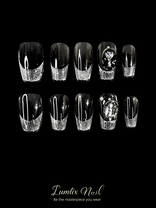 Obsidian Noir & Silver Cascade | LUMlix Haute Nail