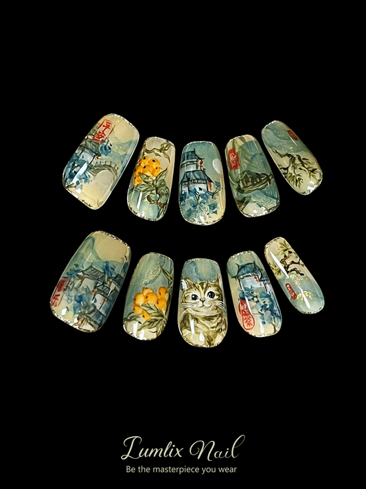 Ink-Wash Feline Reverie | LUMlix Haute Nail