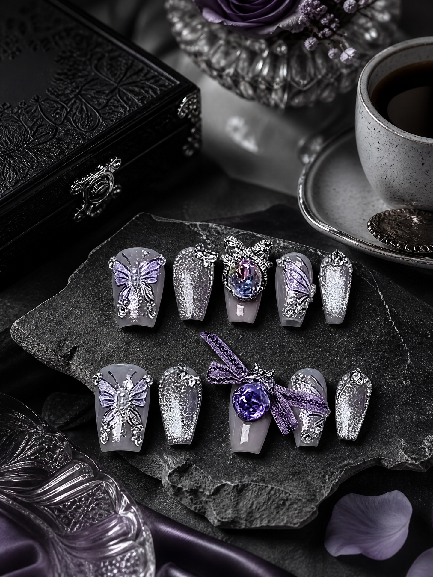 Amethyst Metamorphosis & Silver Lace | LUMlix Haute Nail
