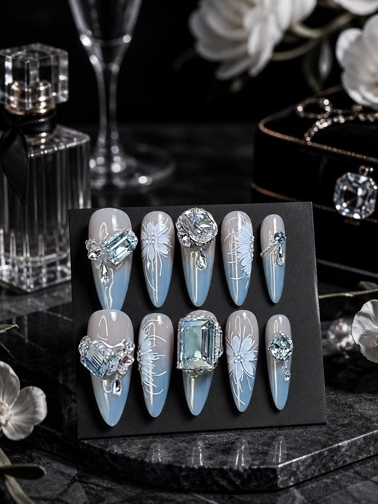 Azure Frost & Silver Bloom | LUMlix Haute Nail