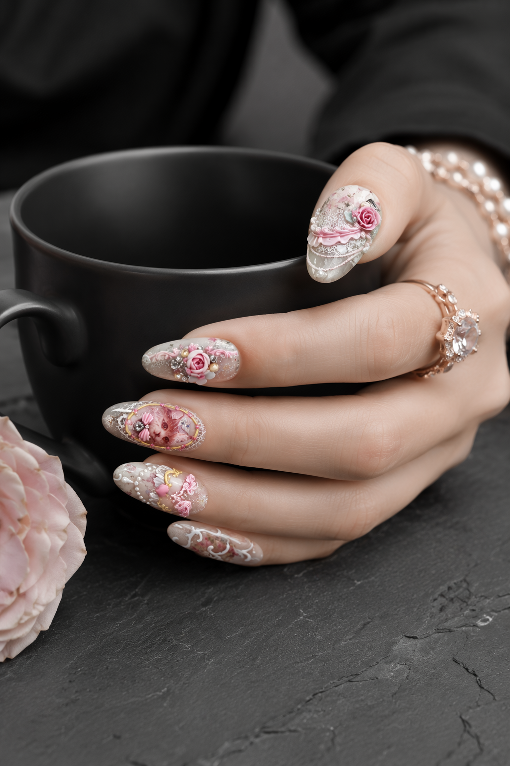 Vintage Rose & Feline Reverie | LUMlix Haute Nail