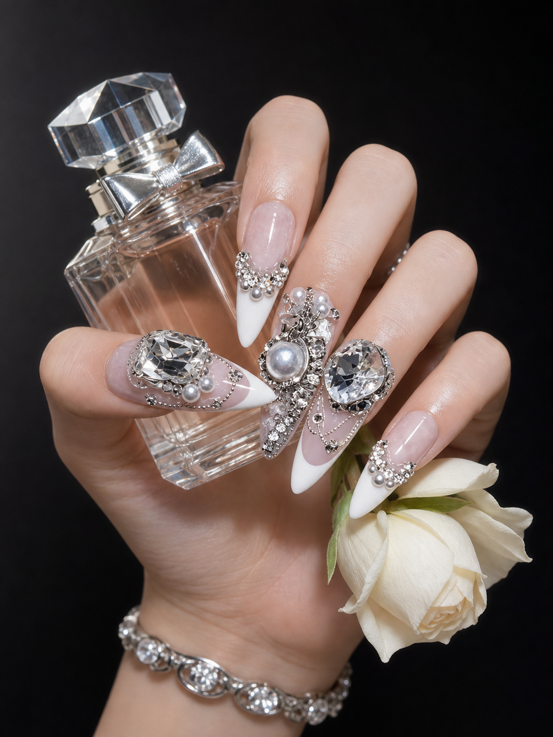 Opulent Pearl & Diamond Cascade | LUMlix Haute Nail